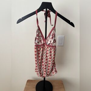 Boho Halter Tank – Tan/Red/Blue Floral Pattern, Tie-Neck